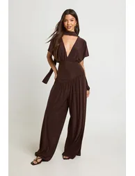 Slinky Angel Sleeve Wide Leg Jumpsuit - chocolate