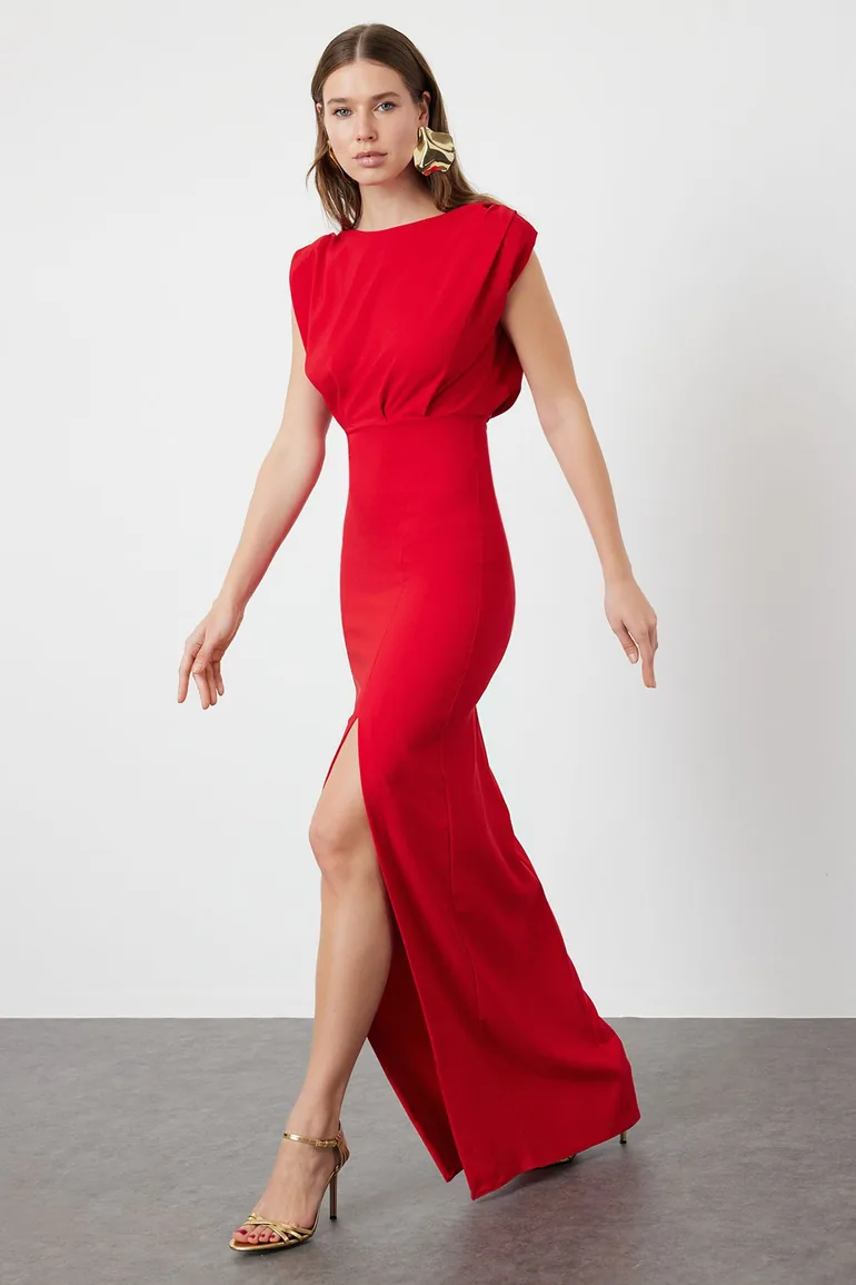 Red Padded Woven Long Evening Evening Dress
