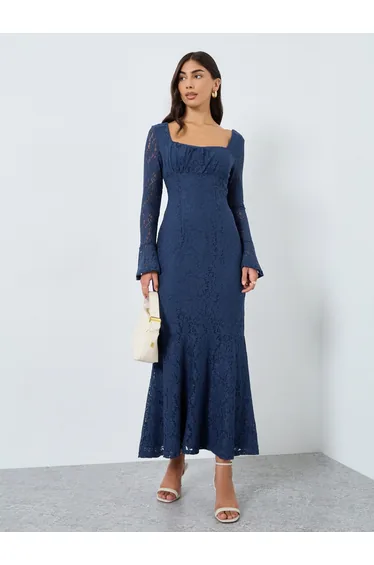 Blue Lace Maxi Dress with Long Sleeves