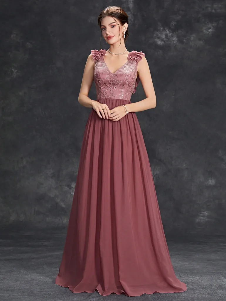 Leely V-Neck Ruffle Cap Sleeve Formal Evening Gown