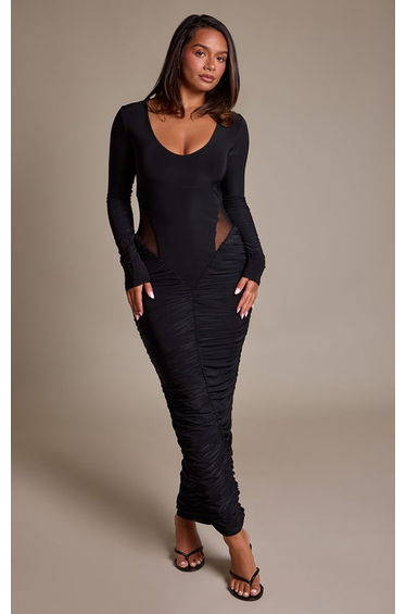 Shape Black V Neck Plunge Mesh Side Detail Ruched Maxi Dess