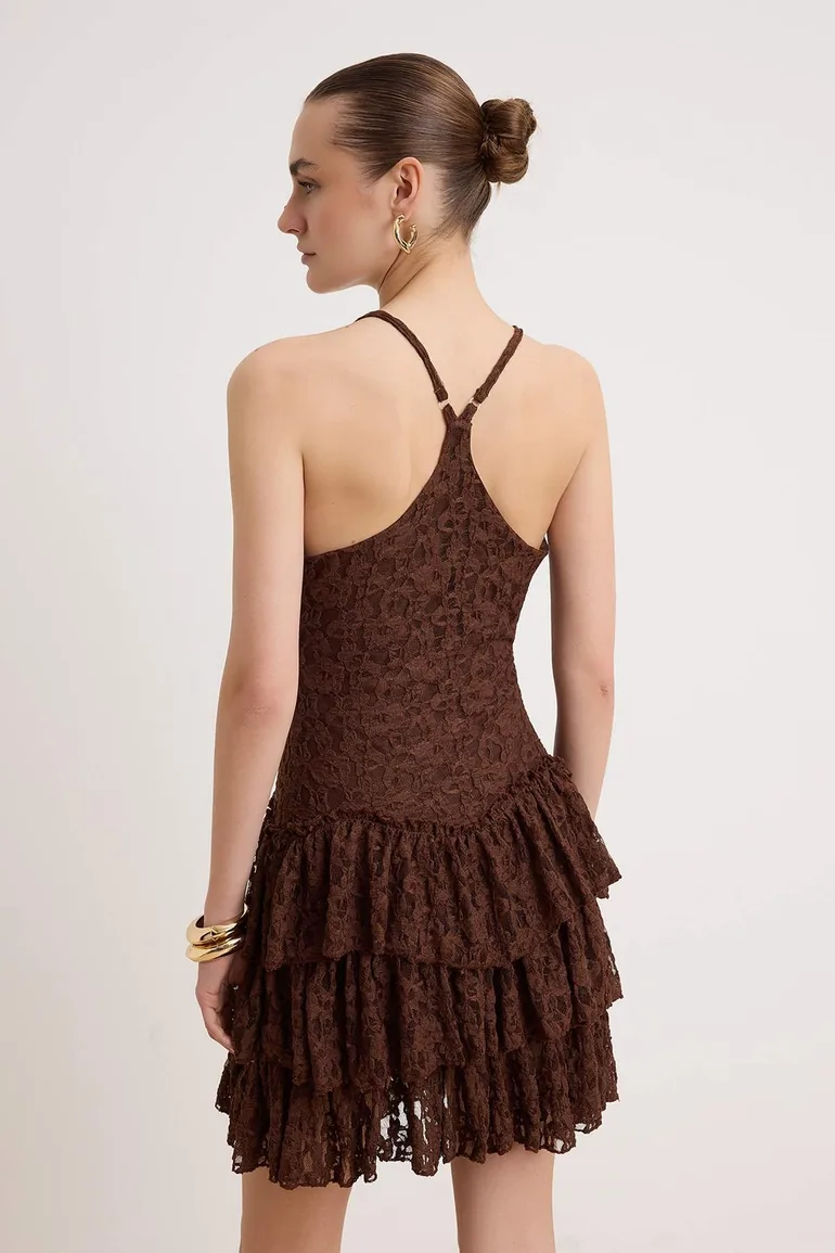 Brown A-Line/A-Line Bell Form Rope Strap V-Neck Lace Knitted Dress - 3