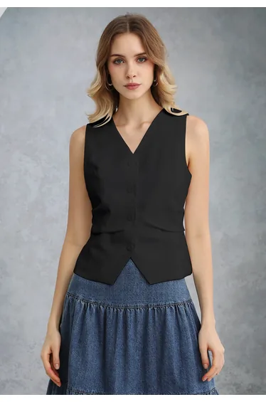 V-Neck Buttoned Down Ruched Vest in Black