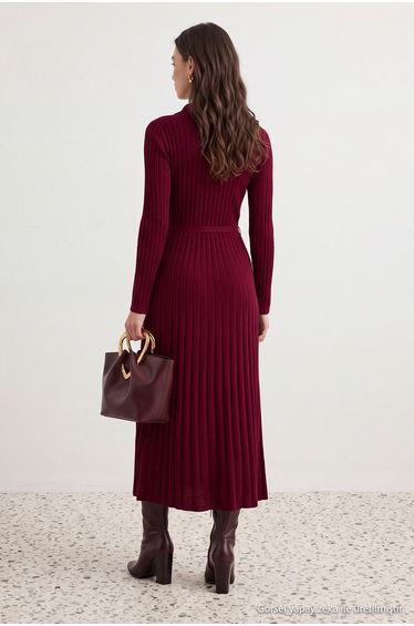 Burgundy Metal Belt Detailed Knitwear Ribbed Dress product thumbnail 4