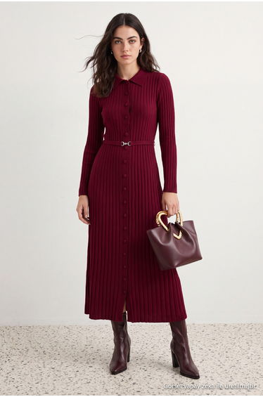 Burgundy Metal Belt Detailed Knitwear Ribbed Dress product thumbnail 3