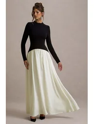 knee length dresses for ladies Benedetta Black & Cream Long-Sleeve Drop-Waist Maxi Dress – Club L London main image 1