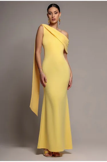 Sash One Shoulder Bardot Maxi Dress - Butter Yellow by Goddiva