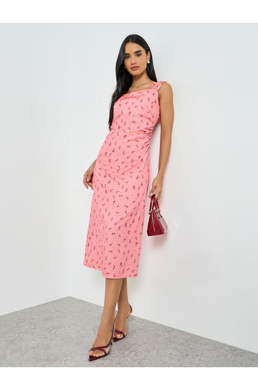 Pink Ditsy Print Square Neck Sheath Midi Dress