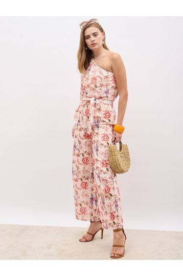 Floral Printed Shiffli One-Shoulder Top and Wide Leg Pants Co-Ords
