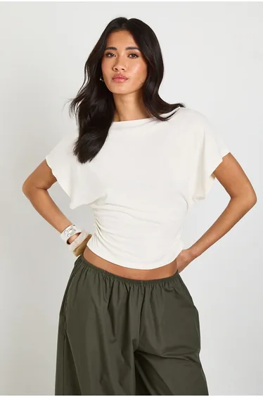 Cupro Boat Neck Cinched Waist Top - ecru