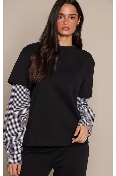 Black Cotton Checked Shirt Sleeve Detail Oversized T-Shirt