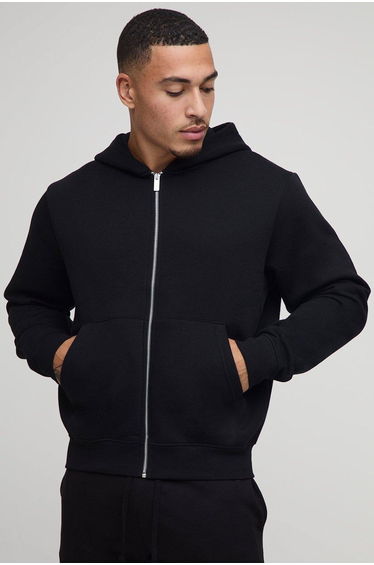 Basic Boxy Zip Through Hoodie - black