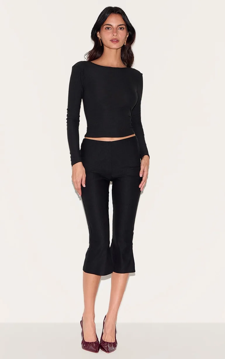 Black Stretch Woven Flared Capri Leggings