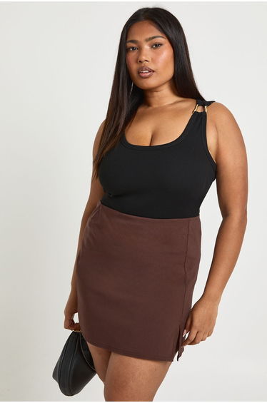 Plus Bengaline Split Aline Skirt - chocolate