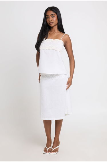 Linen Lace Panel Midi Skirt - white