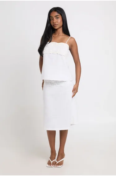 Linen Lace Panel Midi Skirt - white