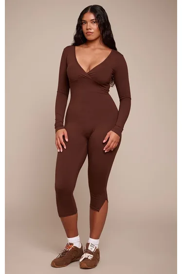 Shape Chocolate Sculpt Long sleeve wrap V neck Capri Jumpsuit