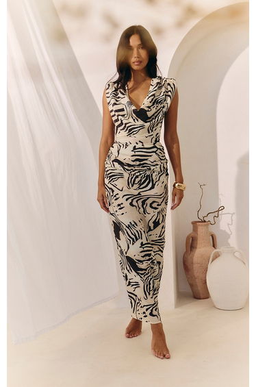 Monochrome Zebra Print Cowl Ruched Detail Maxi Dress
