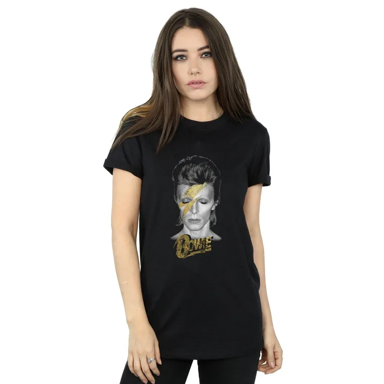 David Bowie Womens/Ladies Aladdin Sane Gold Bolt Cotton Boyfriend T-Shirt - Black