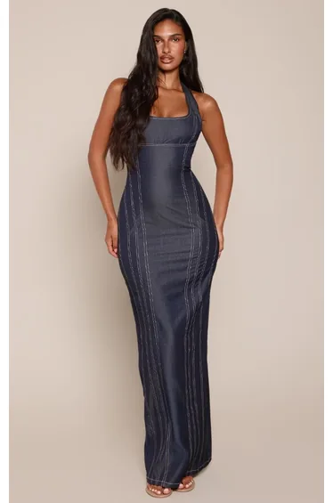 Navy Halter Neck Contrast Seam Detail Maxi Dress