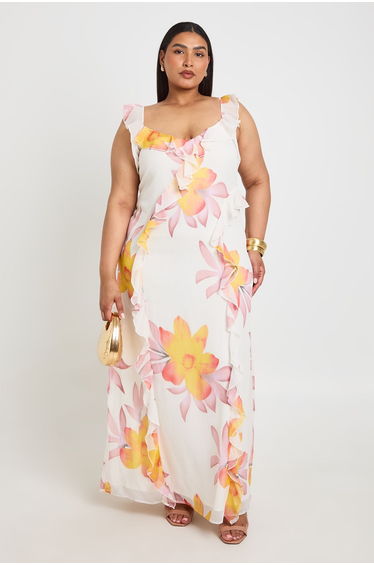 Plus Floral Chiffon Strappy Ruffle Maxi Dress - ivory