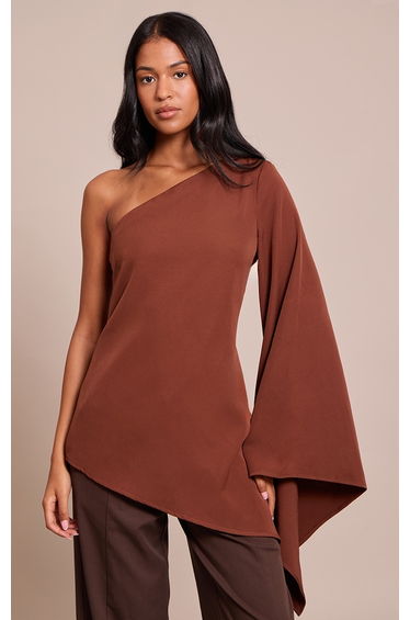 Tall Chocolate Woven Asymmetric Flare Sleeve Long Top