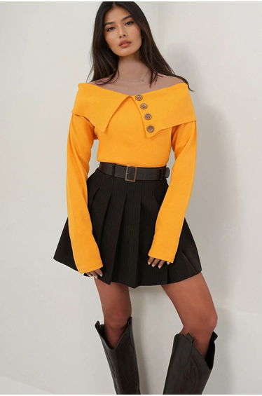 Women's Mustard Yellow Madonna Collar Button Accent Piece Knitwear Blouse