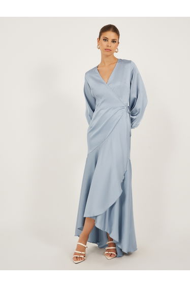 Plain Asymmetric Hem Long Sleeves Wrap Maxi Dress