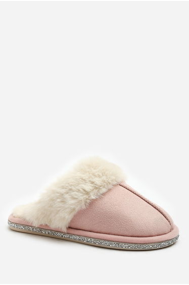 Dovina Diamante Trim Detail Faux Fur Trim Mule Slippers In Pink Suede product thumbnail 2