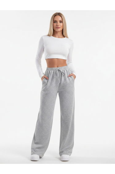 Grey Solid Wide Leg Joggers