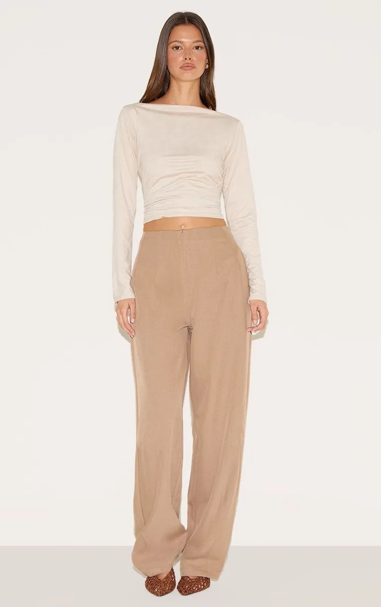 Mushroom Pintuck Waistband Zip Front Tailored Trousers - 5