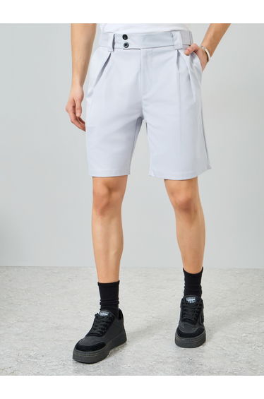 Men Grey Pleated Button Detail Shorts
