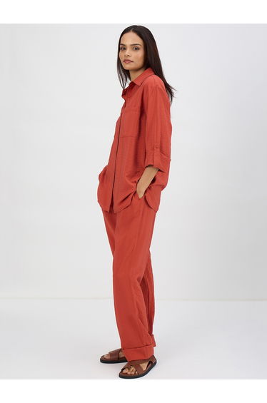 Women Rust Dual Pocket Shirt and Trousers Co-Ords
