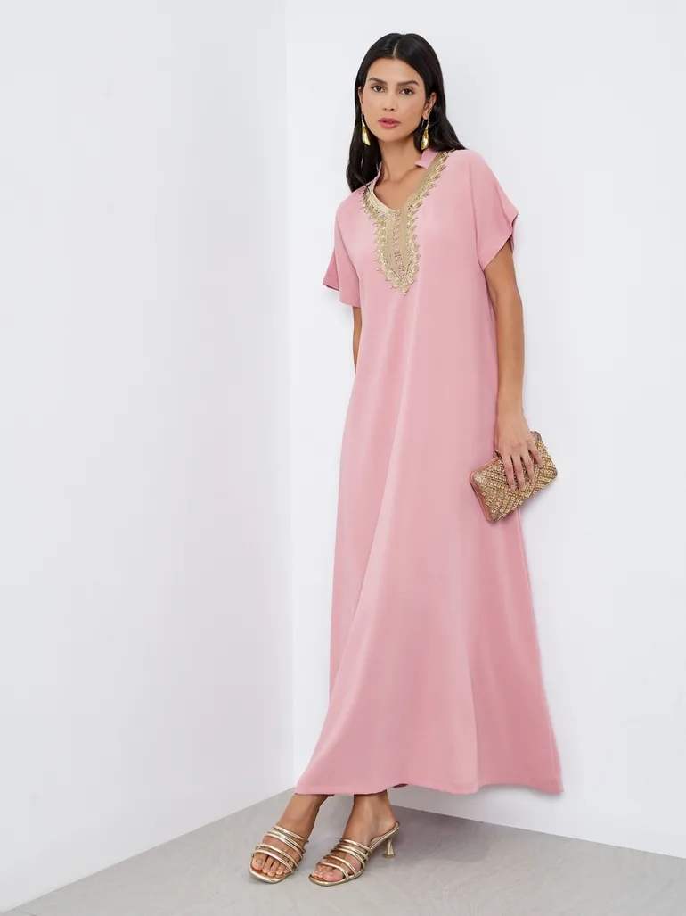 pink lace arab dress Yasmyna Women's Lace Patchwork Ruffle Casual Party Outing Arabic Style  Dress