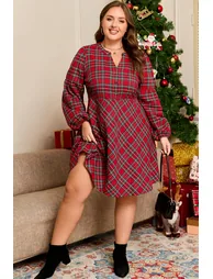 Lvness Plus Size Plaid Half Button Long Sleeve Holiday Dress - 5