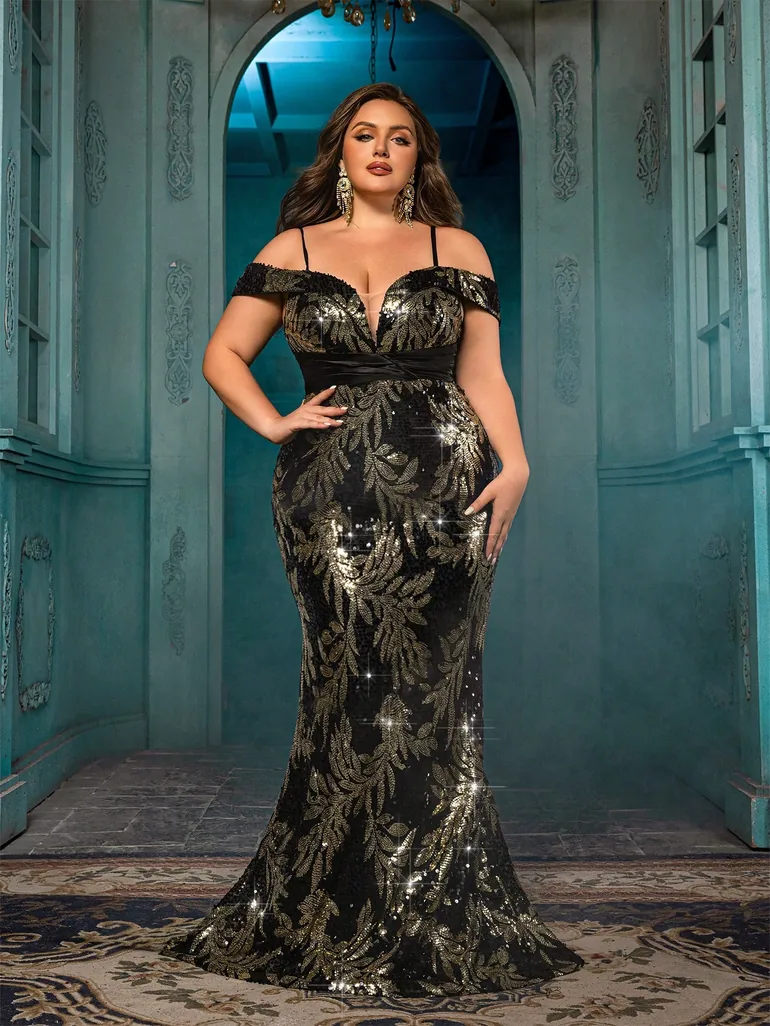 Elegant Temperament Plus Size Botanical Pattern Fishtail Hem with Black Beaded  Gown Dress QOQ Multicolour : Dresses : VogaCloset Kuwait