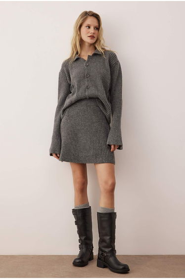 Anthracite Soft Textured 2-Piece Cardigan-Skirt Knitwear Bottom - Top Set