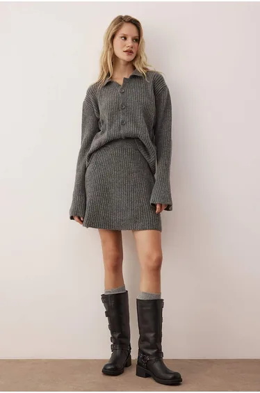 Anthracite Soft Textured 2-Piece Cardigan-Skirt Knitwear Bottom - Top Set