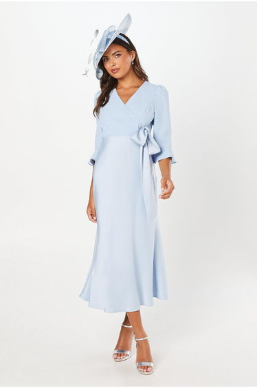 Ruffle Sleeve Satin Back Crepe Wrap Dress