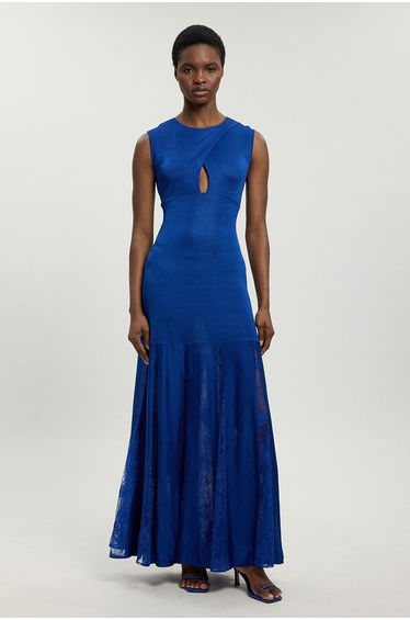 Viscose Blend Slinky Sheer Lace Detail Knit Maxi Dress