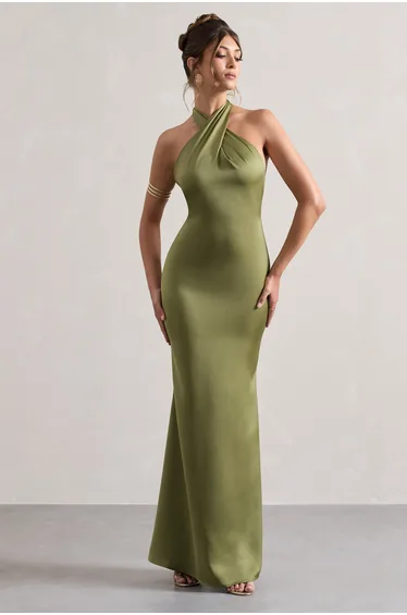 فستان ماكسي ساتان بتصميم متقاطع بياقة هالتر - أخضر