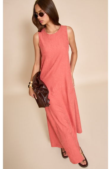 Rust Textured Boat Neck Sleeveless Column Maxi Dress