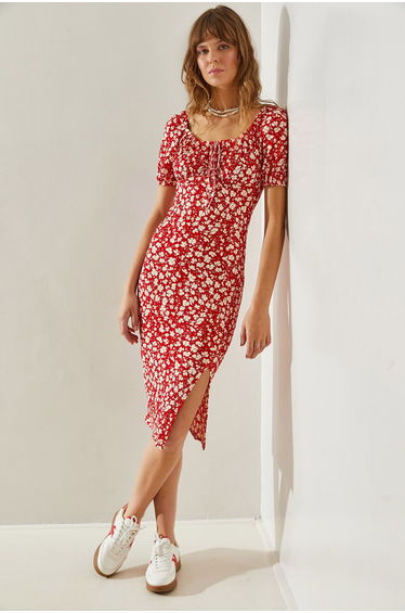 Women's Tie-Front Watermelon Sleeve Daisy Patterned Slit Detailed Dress