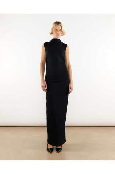 Black Cotton Mock Neck Long Dress
