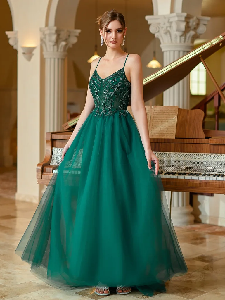 Modecrush Long Tulle A-line Spaghetti Beaded Women Evening Dress