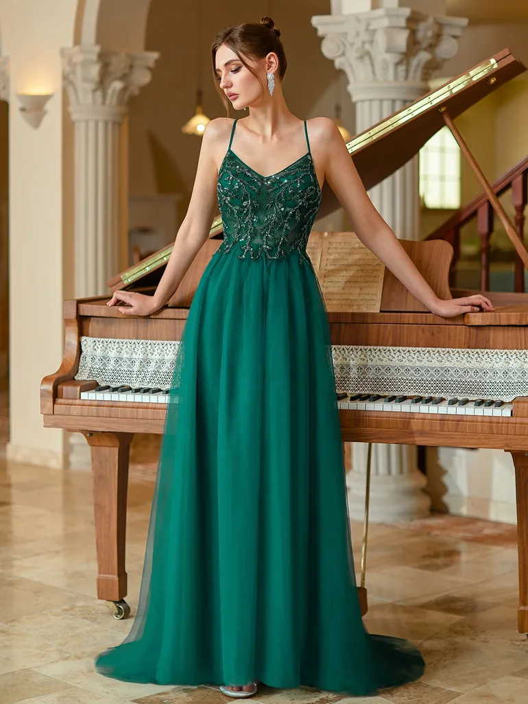 Modecrush Long Tulle A-line Spaghetti Beaded Women Evening Dress - 2