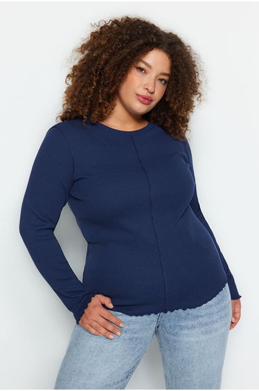 Navy Blue Crew Neck Corded Knitted Blouse
