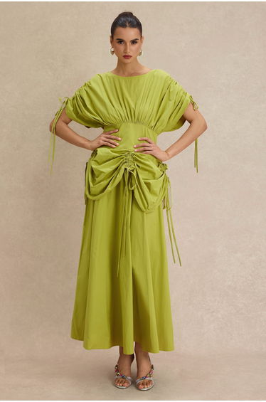 Shirring Batwing Sleeve Gathering Midi Dress