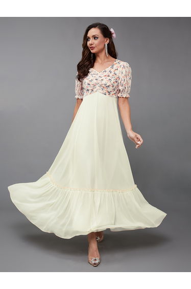 Lace Insert Ruched Detail Puff Sleeve Maxi Dress
