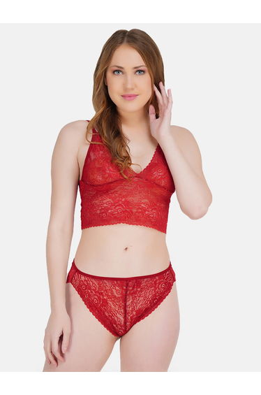 Women Red Lace Lace Bralette and Bikini Set